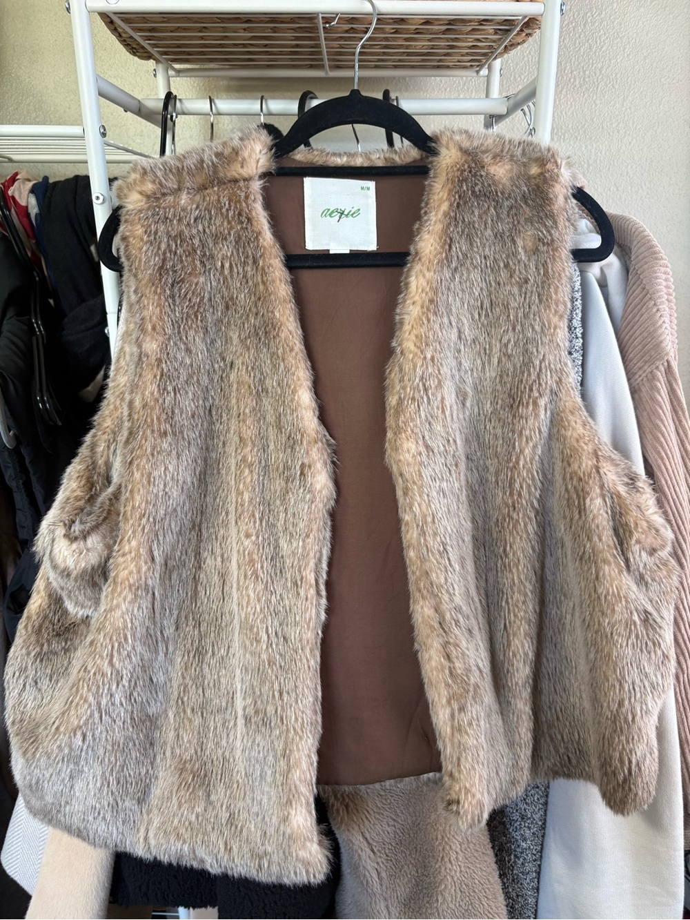 aerie Plush Faux Fur Vest in Taupe